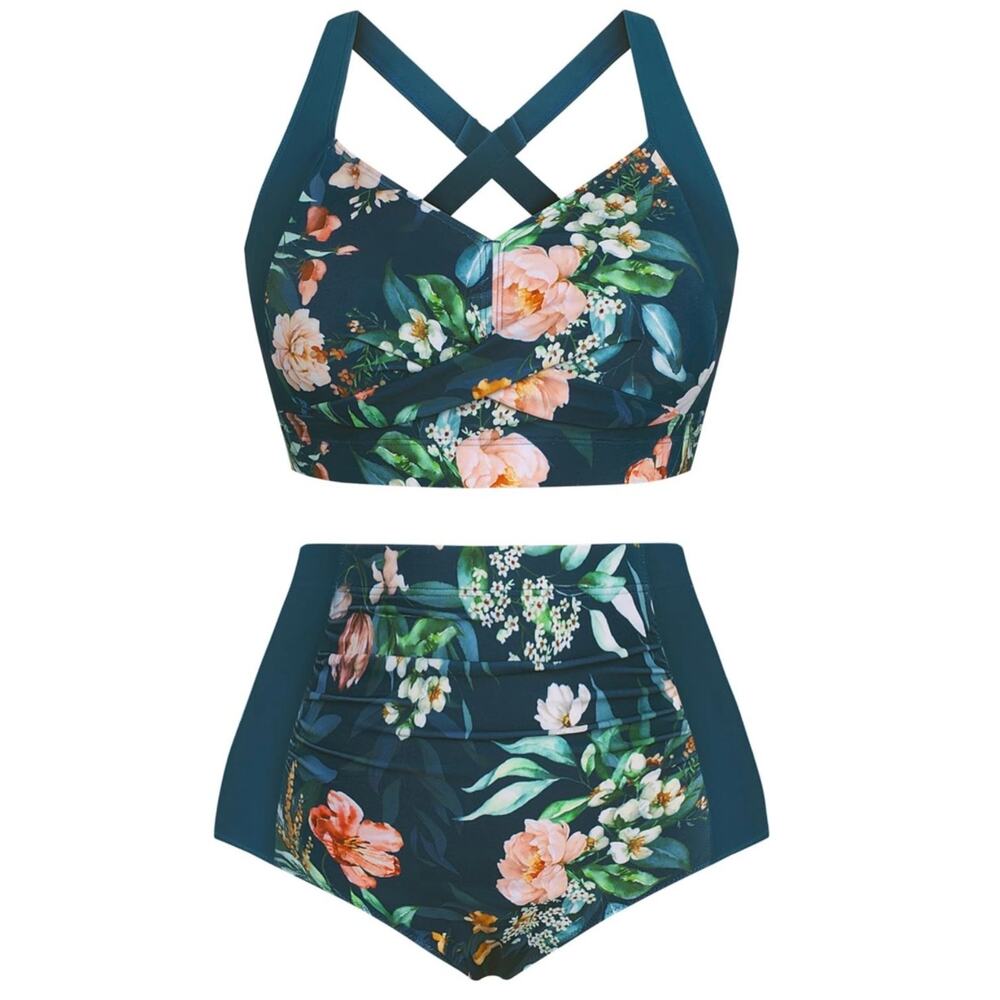 Hanna Nikole Women Floral High Waisted Bikini Set Tummy Control Swimwear M